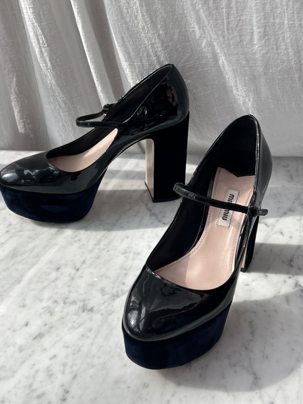 Miu Miu Navy Patent Mary Jane Heels, 37